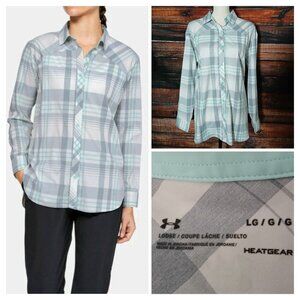 UA Under Armour Top L High Tide Heatgear Active Shirt Plaid Button Front
